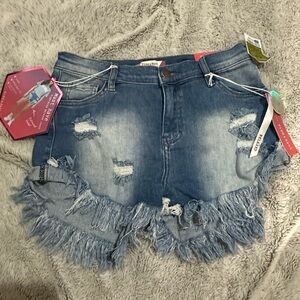 Blue High-Waisted Jean Shorts with Distressed Frayed‎ Hem